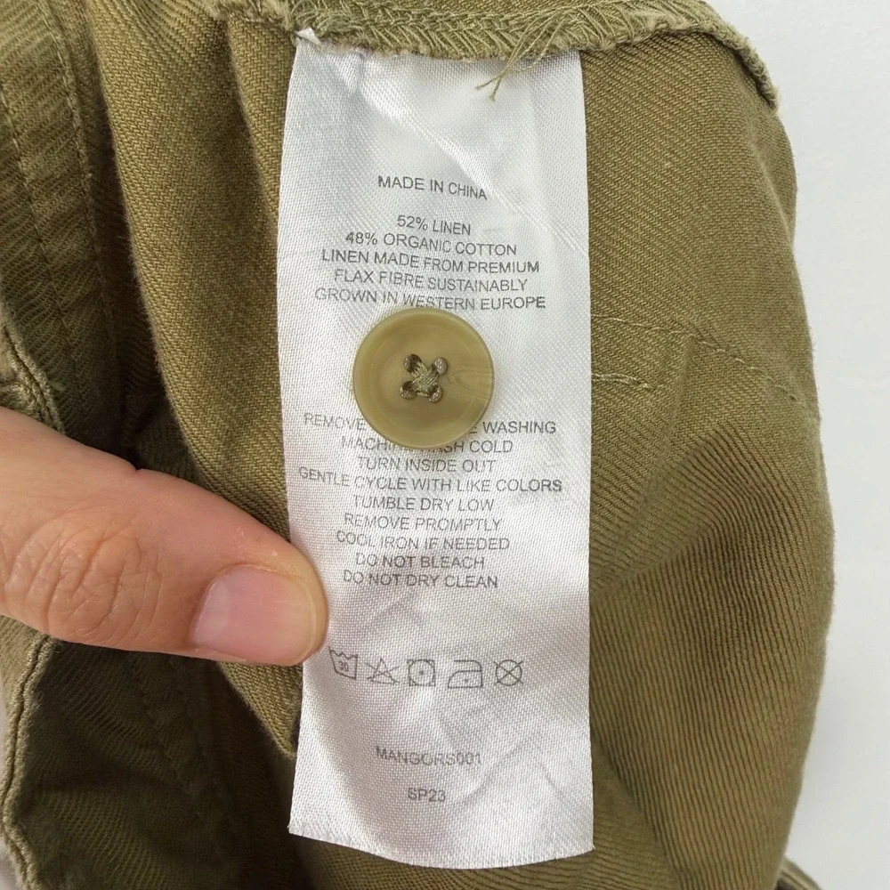 Quince Women Army Green Cotton Linen Twill Cargo Pants M High Rise Utility